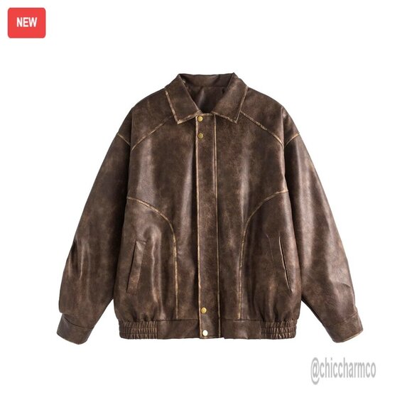 Jackets & Blazers - Oversized Faux Leather Motorcycle Jacket Vintage Y2K Style